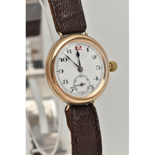 64 - A GENTS 9CT GOLD, EARLY 20TH CENTURY TRENCH WATCH, manual wind, round white dial, Arabic numerals, s... 