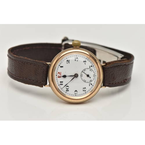 64 - A GENTS 9CT GOLD, EARLY 20TH CENTURY TRENCH WATCH, manual wind, round white dial, Arabic numerals, s... 