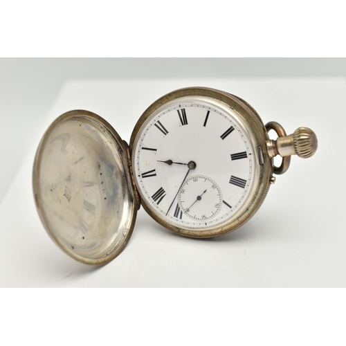 65 - A WHITE METAL FULL HUNTER POCKET WATCH, manual wind, round white Roman numeral dial, subsidiary dial... 