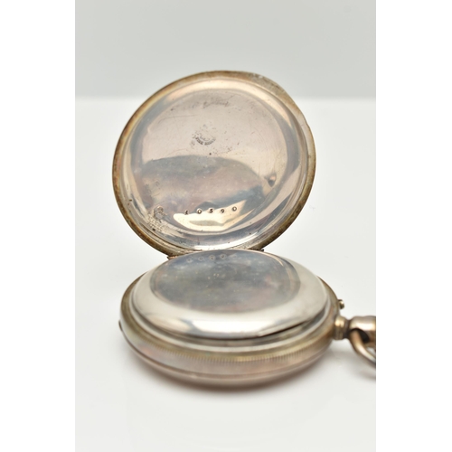 65 - A WHITE METAL FULL HUNTER POCKET WATCH, manual wind, round white Roman numeral dial, subsidiary dial... 