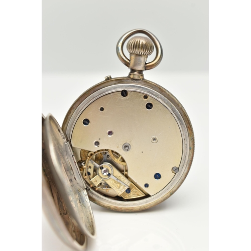 65 - A WHITE METAL FULL HUNTER POCKET WATCH, manual wind, round white Roman numeral dial, subsidiary dial... 