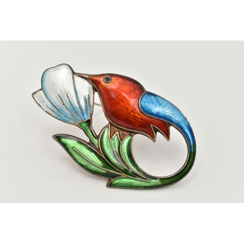 66 - A NORWEGIAN 'DAVID ANDERSEN' BROOCH, designed as a hummingbird and flower, guilloche enamel detail i... 