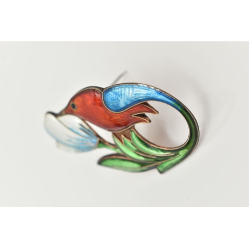 66 - A NORWEGIAN 'DAVID ANDERSEN' BROOCH, designed as a hummingbird and flower, guilloche enamel detail i... 