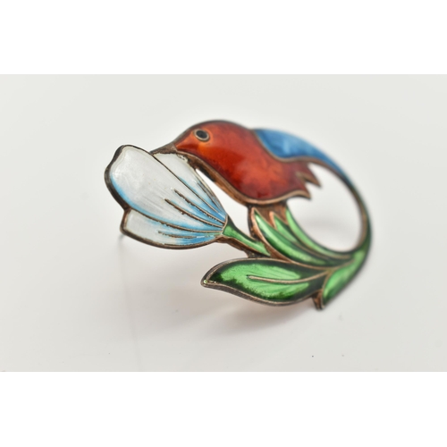 66 - A NORWEGIAN 'DAVID ANDERSEN' BROOCH, designed as a hummingbird and flower, guilloche enamel detail i... 