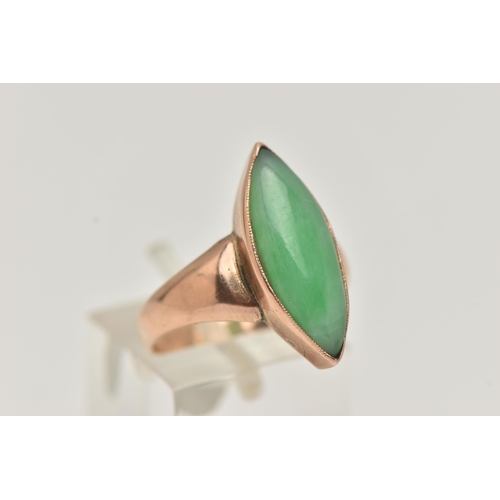 68 - A ROSE METAL JADE DRESS RING, marquise jade cabochon, in a milgrain collet setting, measuring approx... 