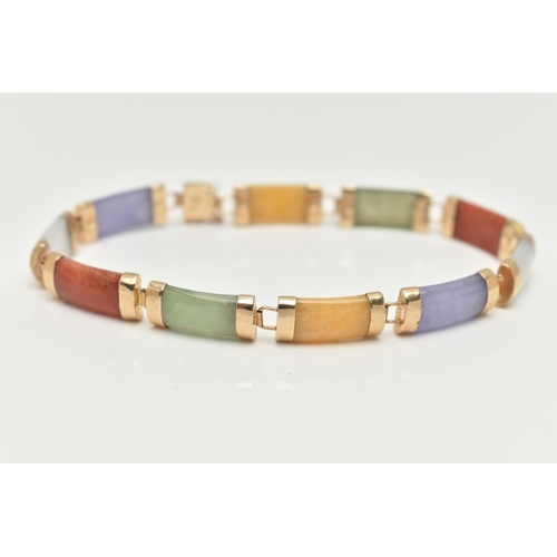 70 - A 9CT GOLD, JADE LINE BRACELET, designed with a row of ten vary colour jade links, lavender, white, ... 