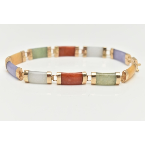 70 - A 9CT GOLD, JADE LINE BRACELET, designed with a row of ten vary colour jade links, lavender, white, ... 