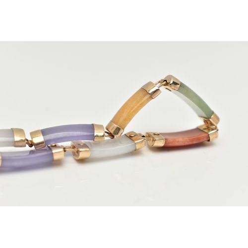 70 - A 9CT GOLD, JADE LINE BRACELET, designed with a row of ten vary colour jade links, lavender, white, ... 