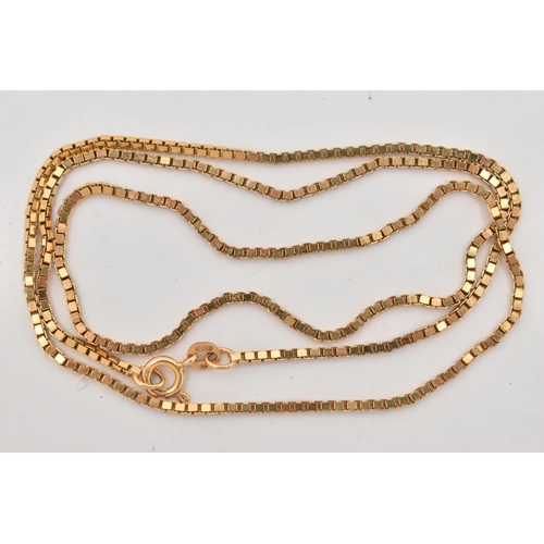 71 - A 9CT GOLD BOX LINK CHAIN, fitted with a spring clasp, hallmarked 9ct Sheffield import, approximate ... 