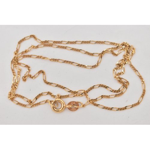 72 - A YELLOW METAL FINE FIGARO CHAIN, fitted with a spring clasp, stamped 585, length 440mm, approximate... 