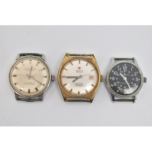 100 - THREE WATCH HEADS, to include a manual wind 'Kienzle' watch, approximate case width 34.3mm, a 'Tisso... 