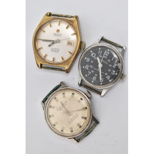 100 - THREE WATCH HEADS, to include a manual wind 'Kienzle' watch, approximate case width 34.3mm, a 'Tisso... 