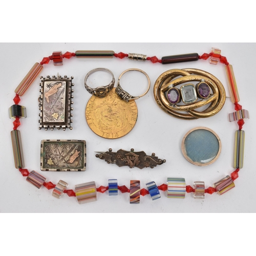 103 - A BAG OF ASSORTED ITEMS, to include a gold plated oval open work brooch, set with two oval cut ameth... 