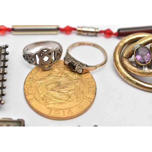 103 - A BAG OF ASSORTED ITEMS, to include a gold plated oval open work brooch, set with two oval cut ameth... 