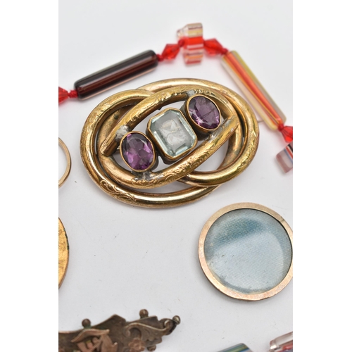 103 - A BAG OF ASSORTED ITEMS, to include a gold plated oval open work brooch, set with two oval cut ameth... 