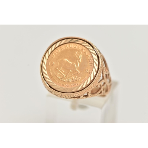 105 - A KRUGERRAND RING, a 1981 Krugerrand 1/10 coin, mounted in a textured open work ring mount, ring siz... 