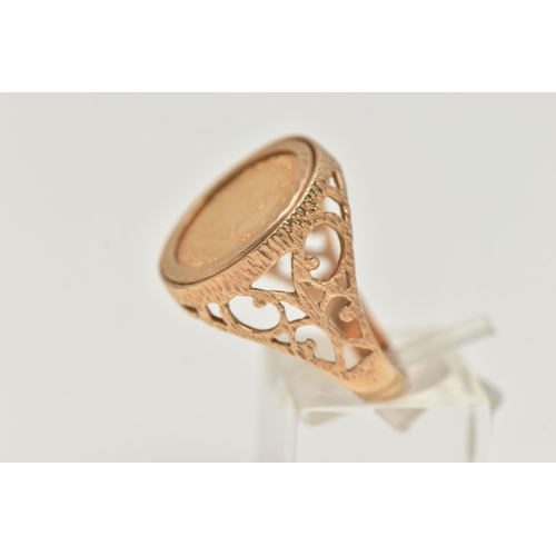 105 - A KRUGERRAND RING, a 1981 Krugerrand 1/10 coin, mounted in a textured open work ring mount, ring siz... 