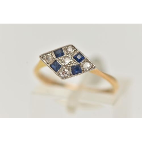 108 - A LATE ART DECO SAPPHIRE AND DIAMOND RING, a rhombus form white metal mount, set with four square cu... 