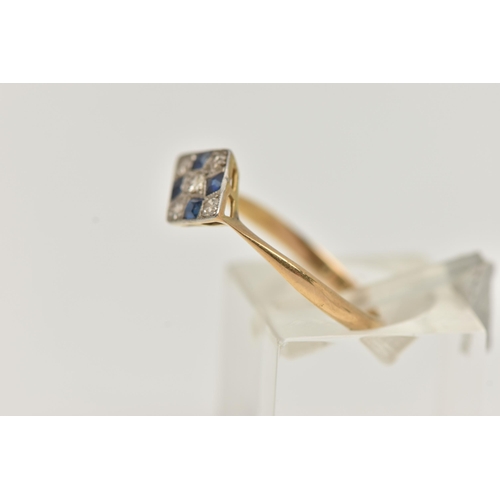 108 - A LATE ART DECO SAPPHIRE AND DIAMOND RING, a rhombus form white metal mount, set with four square cu... 