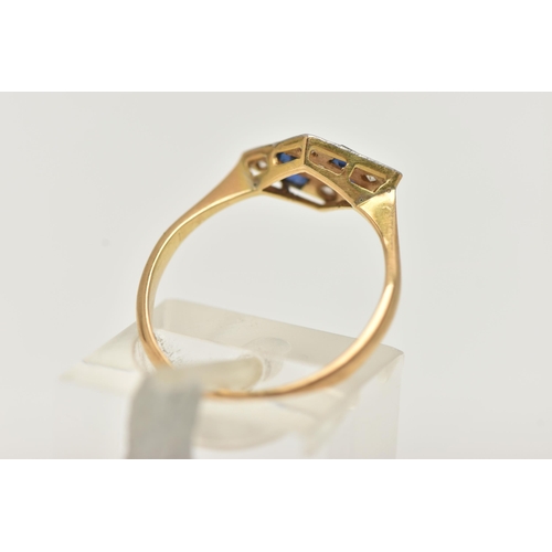 108 - A LATE ART DECO SAPPHIRE AND DIAMOND RING, a rhombus form white metal mount, set with four square cu... 