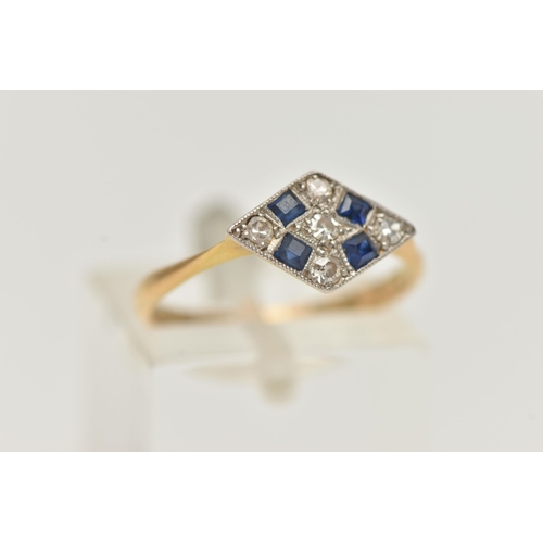 108 - A LATE ART DECO SAPPHIRE AND DIAMOND RING, a rhombus form white metal mount, set with four square cu... 