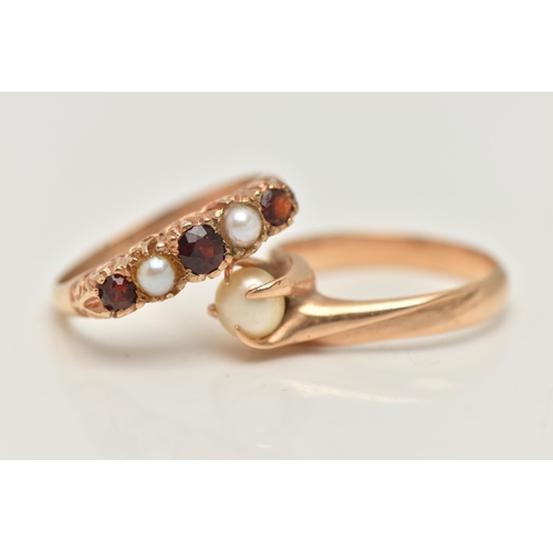 110 - TWO GEM SET RINGS, the first a 9ct gold garnet and seed pearl five stone ring, scrolling detail to t... 