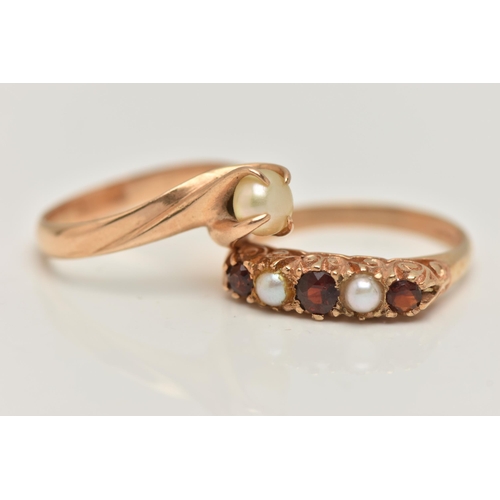 110 - TWO GEM SET RINGS, the first a 9ct gold garnet and seed pearl five stone ring, scrolling detail to t... 