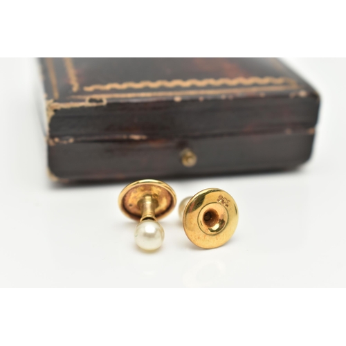 116 - A PAIR OF YELLOW METAL AND CULTURED PEARL DRESS STUDS, each fitted with a white cultured pearl, appr... 