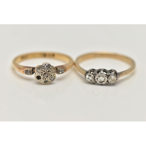 119 - TWO DIAMOND RINGS, the first a three stone diamond ring, three single cut diamonds, prong set in whi... 