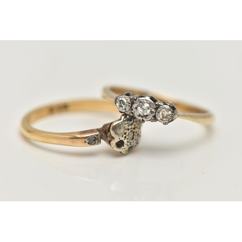 119 - TWO DIAMOND RINGS, the first a three stone diamond ring, three single cut diamonds, prong set in whi... 