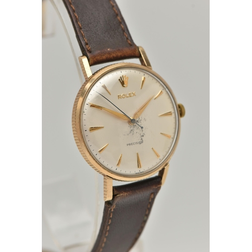 120 - A 9CT GOLD 'ROLEX' WRISTWATCH, hand wound movement, round white dial, signed 'Rolex Precision', bato... 