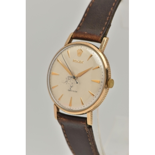 120 - A 9CT GOLD 'ROLEX' WRISTWATCH, hand wound movement, round white dial, signed 'Rolex Precision', bato... 