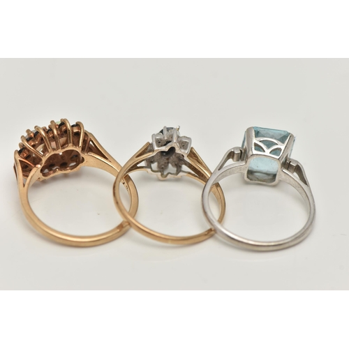 126 - THREE GEM SET RINGS, the first a 9ct yellow gold, double cluster ring, set with two oval cut opal ca... 