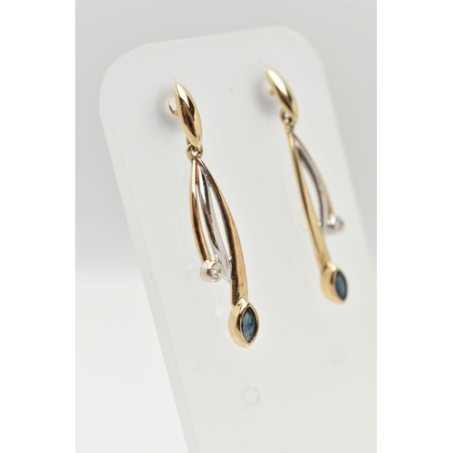 75 - A BOXED PAIR OF 9CT GOLD SAPPHIRE AND DIAMOND EARRINGS, drop earrings each set with a marquise cut b... 