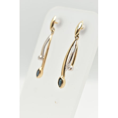 75 - A BOXED PAIR OF 9CT GOLD SAPPHIRE AND DIAMOND EARRINGS, drop earrings each set with a marquise cut b... 