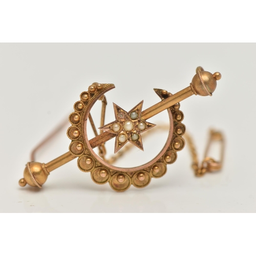 78 - A VICTORIAN 9CT GOLD BROOCH, designed as a cannetille crescent moon and split pearl set star (one pe... 