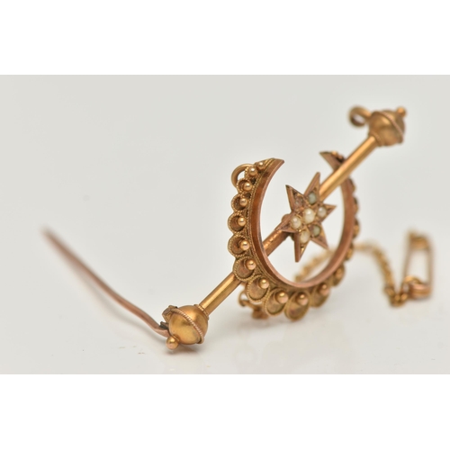 78 - A VICTORIAN 9CT GOLD BROOCH, designed as a cannetille crescent moon and split pearl set star (one pe... 