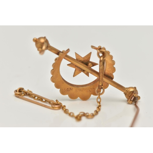 78 - A VICTORIAN 9CT GOLD BROOCH, designed as a cannetille crescent moon and split pearl set star (one pe... 