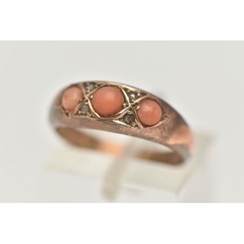 80 - A LATE VICTORIAN 9CT GOLD, THREE STONE CORAL RING, set with three circular cut coral cabochons, with... 