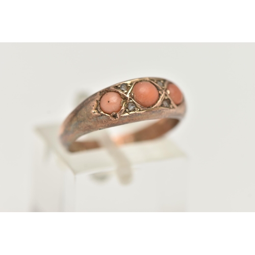 80 - A LATE VICTORIAN 9CT GOLD, THREE STONE CORAL RING, set with three circular cut coral cabochons, with... 