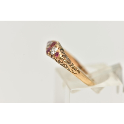 83 - AN EARLY 20TH CENTURY, 18CT GOLD RUBY AND DIAMOND RING, set with two old cut diamonds and four small... 