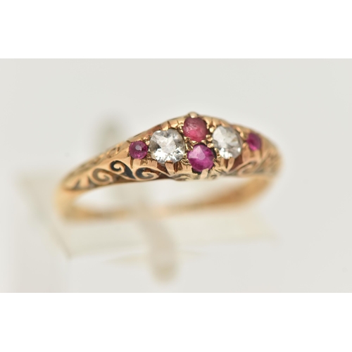 83 - AN EARLY 20TH CENTURY, 18CT GOLD RUBY AND DIAMOND RING, set with two old cut diamonds and four small... 