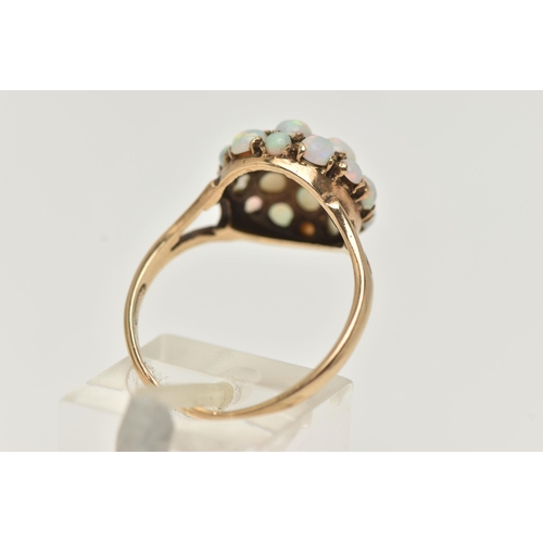 86 - A 9CT GOLD OPAL CABOCHON DOME RING, circular dome set with circular cut opal cabochons, approximate ... 