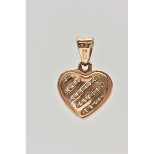 88 - A 9CT GOLD DIAMOND HEART PENDANT, heart shape pendant, set with five rows of small single cut diamon... 