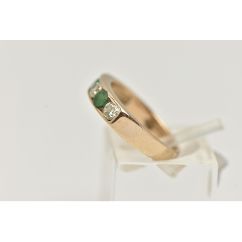 89 - A 9CT GOLD EMERALD AND DIAMOND HALF ETERNITY RING, set with three round brilliant cut diamonds, esti... 