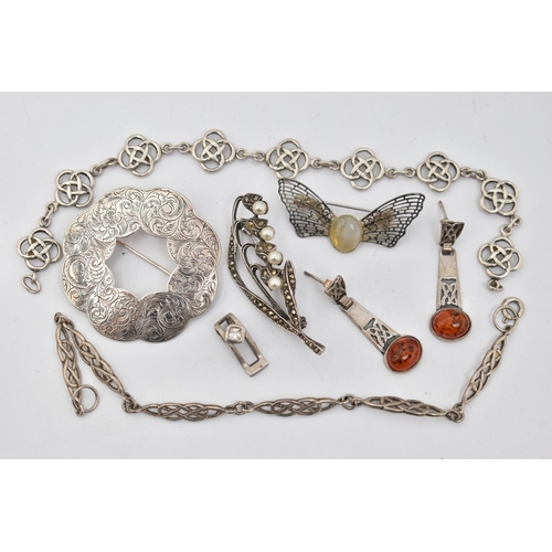 95 - SEVEN PIECES OF WHITE METAL JEWELLERY, to include a pair of amber cabochon set drop earrings, post a... 