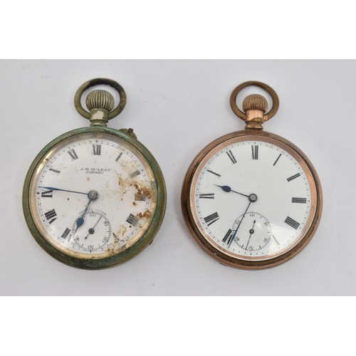 96 - TWO OPEN FACE POCKET WATCHES, to include a gold plated, manual wind pocket watch, round white Roman ... 