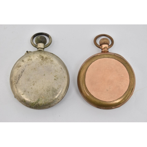 96 - TWO OPEN FACE POCKET WATCHES, to include a gold plated, manual wind pocket watch, round white Roman ... 