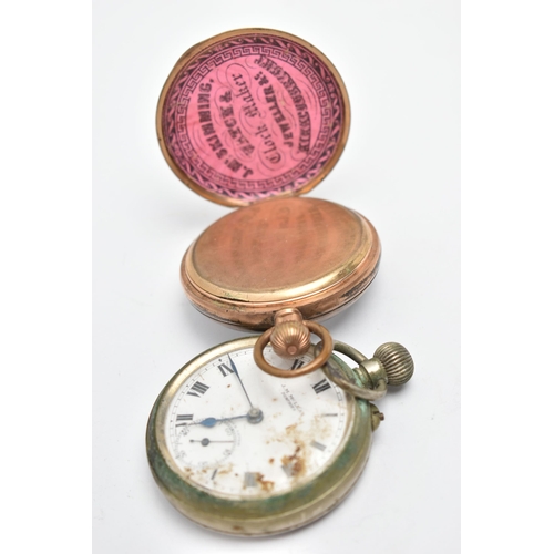 96 - TWO OPEN FACE POCKET WATCHES, to include a gold plated, manual wind pocket watch, round white Roman ... 