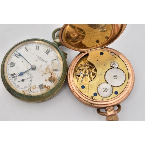 96 - TWO OPEN FACE POCKET WATCHES, to include a gold plated, manual wind pocket watch, round white Roman ... 